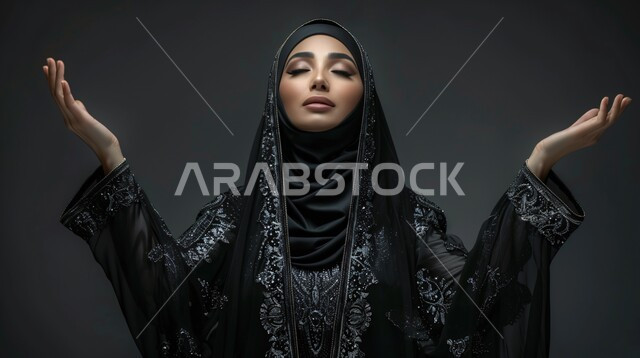 التضرع و طلب العون والحمد والشكر، العباده والتقرب الى الله، بورتريه مقرب لإمرأة مسلمة عربية خليجية سعودية ترتدي العباءة السوداء المطرزة والحجاب ترفع يديها للدعاء، خلفية سوداء 