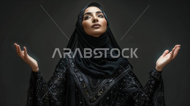 التضرع و طلب العون والحمد والشكر، العباده والتقرب الى الله، بورتريه مقرب لإمرأة مسلمة عربية خليجية سعودية ترتدي العباءة السوداء المطرزة والحجاب ترفع يديها للدعاء، خلفية سوداء 
