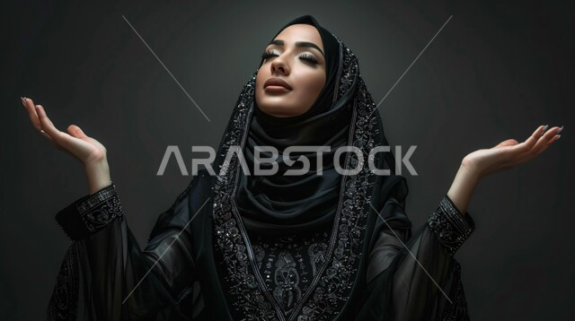 التضرع و طلب العون والحمد والشكر، العباده والتقرب الى الله، بورتريه مقرب لإمرأة مسلمة عربية خليجية سعودية ترتدي العباءة السوداء المطرزة والحجاب ترفع يديها للدعاء، خلفية سوداء 