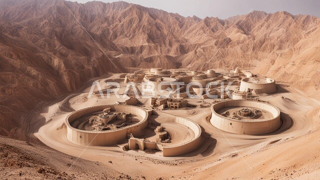 الطبيعة الصخرية وتضاريس السلاسل الجبلية، السيارات والآليات الثقيلة تقوم بالحفر والعمل في موقع التعدين، نقل الأتربة بواسطة الشاحنات، مناطق التنقيب عن الثروات الباطنية الخام، أماكن مناجم الفحم الطبيعي، المرتفعات وقمم الجبال في المملكة العربية السعودية