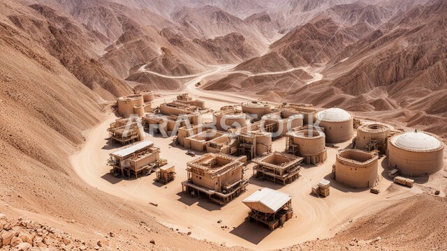 الطبيعة الصخرية وتضاريس السلاسل الجبلية، السيارات والآليات الثقيلة تقوم بالحفر والعمل في موقع التعدين، نقل الأتربة بواسطة الشاحنات، مناطق التنقيب عن الثروات الباطنية الخام، أماكن مناجم الفحم الطبيعي، المرتفعات وقمم الجبال في المملكة العربية السعودية