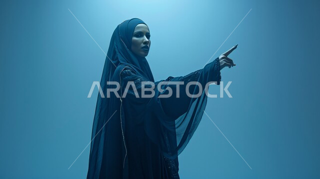 الإتهام و إلقاء اللوم و التوبيخ، طلب التوقف عن فعل الأخطاء، الاشارة الى شيء ما، الإنزعاج والرغبة بالإنتقام، بورتريه مقرب لإمرأة عربية خليجية سعودية ترتدي العباءة السوداء ترفع اصبع السبابه لتحديد شخص ما ( أنت )، خلفية زرقاء