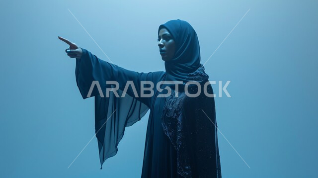 Accusation, blaming, reprimand, request to stop doing wrong, pointing out something, annoyance and desire for revenge, close-up portrait of a Saudi Arabian Gulf woman wearing a black abaya raising index finger to point out someone (you), blue background