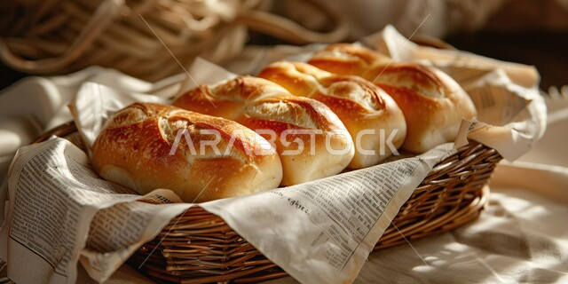 معجنات و مخبوزات عربية لذيذة طازجة،  وجبة افطار من قطع الخبز الصحية و الشهية,  لقطة مقربة من لفائف الخبز المخبوزة حديثًا في سله خيزران