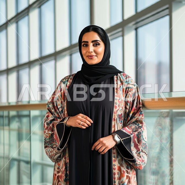 الاهتمام بالأناقة و المظهر الخارجي, مفهوم الأنوثة و النعومة, أزياء محجبات عصرية, امرأة عربية خليجية سعودية مبتسمة محجبة ترتدي العباءة الملونة تقف أمام واجهة زجاجية كبيرة و تنظر إلى الكاميرا بإيماءات السعادة و السرور