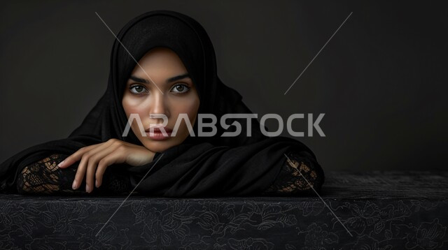 Beauty and elegance of Saudi women, concept of femininity and softness, contemplation, focus and planning for the future, trying to find a solution to a problem, close-up portrait of a veiled Saudi Arabian Gulf woman putting her face on her hands and looking with gestures of thinking, contemplation and absent-mindedness, gray background