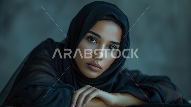 Beauty and elegance of Saudi women, concept of femininity and softness, contemplation, focus and planning for the future, trying to find a solution to a problem, close-up portrait of a veiled Saudi Arabian Gulf woman putting her face on her hands and looking with gestures of thinking, contemplation and absent-mindedness, gray background