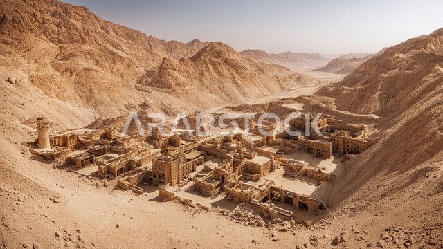 Natural gold mine locations, areas for prospecting for raw underground resources, rocky nature and terrain of mountain ranges, heights and mountain peaks in the Kingdom of Saudi Arabia, drilling and work at the mining site, transporting soil by trucks