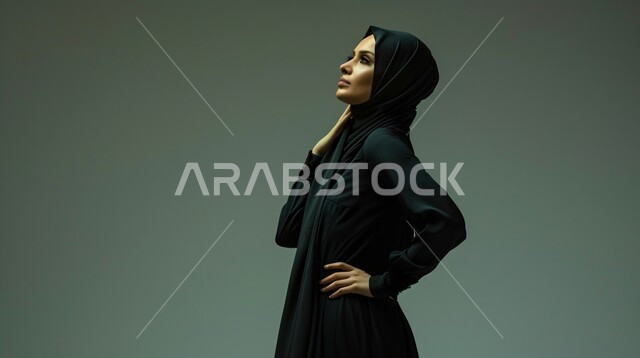  التمعن والتركيز والتخطيط للمستقبل، جمال وأناقة النساء السعوديات، مفهوم الأنوثة والنعومة، محاولة إيجاد حل لمشكلة ما، بورتريه مقرب من الجانب لإمرأة عربية خليجية سعودية محجبة تضع يدها على وجهها بإيماءات التفكير والتأمل وشرود الذهن، خلفية رمادية