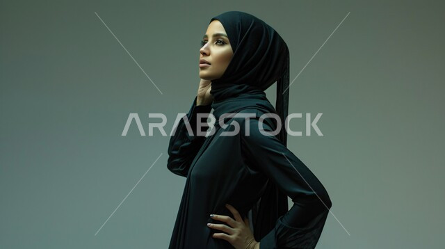  التمعن والتركيز والتخطيط للمستقبل، جمال وأناقة النساء السعوديات، مفهوم الأنوثة والنعومة، محاولة إيجاد حل لمشكلة ما، بورتريه مقرب من الجانب لإمرأة عربية خليجية سعودية محجبة تضع يدها على وجهها بإيماءات التفكير والتأمل وشرود الذهن، خلفية رمادية