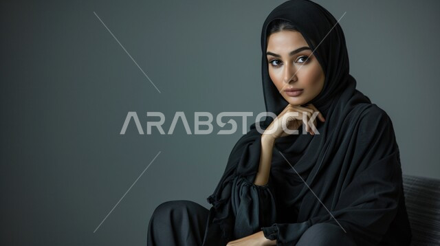 مفهوم الأنوثة والنعومة، التمعن والتركيز والتخطيط للمستقبل، جمال وأناقة النساء السعوديات، محاولة إيجاد حل لمشكلة ما، بورتريه مقرب لإمرأة عربية خليجية سعودية محجبة تضع يدها على وجهها تنظر الى الكاميرا بإيماءات التفكير والتأمل وشرود الذهن، خلفية رمادية