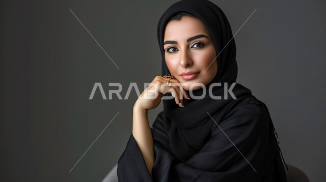 مفهوم الأنوثة والنعومة، التمعن والتركيز والتخطيط للمستقبل، جمال وأناقة النساء السعوديات، محاولة إيجاد حل لمشكلة ما، بورتريه مقرب لإمرأة عربية خليجية سعودية محجبة تضع يدها على وجهها تنظر الى الكاميرا بإيماءات التفكير والتأمل وشرود الذهن، خلفية رمادية