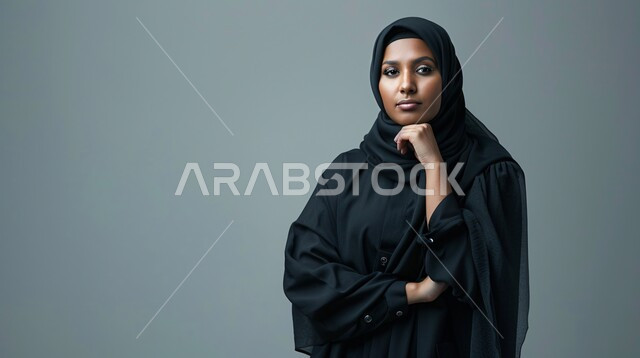 مفهوم الأنوثة والنعومة، التمعن والتركيز والتخطيط للمستقبل، جمال وأناقة النساء السعوديات، محاولة إيجاد حل لمشكلة ما، بورتريه مقرب لإمرأة عربية خليجية سعودية محجبة تضع يدها على وجهها تنظر الى الكاميرا بإيماءات التفكير والتأمل وشرود الذهن، خلفية رمادية