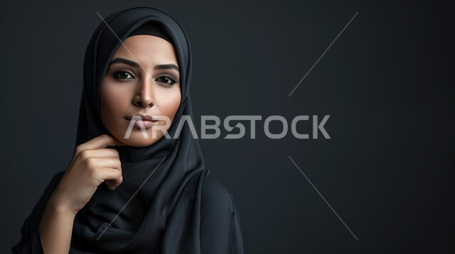 مفهوم الأنوثة والنعومة، التمعن والتركيز والتخطيط للمستقبل، جمال وأناقة النساء السعوديات، محاولة إيجاد حل لمشكلة ما، بورتريه مقرب لإمرأة عربية خليجية سعودية محجبة تضع يدها على وجهها تنظر الى الكاميرا بإيماءات التفكير والتأمل وشرود الذهن، خلفية رمادية