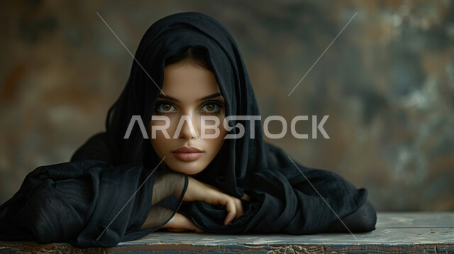 محاولة إيجاد حل لمشكلة ما، مفهوم الأنوثة والنعومة، التمعن والتركيز والتخطيط للمستقبل، جمال وأناقة النساء السعوديات، صورة مقربة لإمرأة عربية خليجية سعودية محجبة تضع يدها على وجهها تنظر الى الكاميرا بإيماءات التفكير والتأمل وشرود الذهن