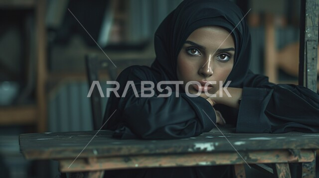 محاولة إيجاد حل لمشكلة ما، مفهوم الأنوثة والنعومة، التمعن والتركيز والتخطيط للمستقبل، جمال وأناقة النساء السعوديات، صورة مقربة لإمرأة عربية خليجية سعودية محجبة تضع يدها على وجهها تنظر الى الكاميرا بإيماءات التفكير والتأمل وشرود الذهن