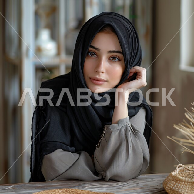 Trying to find a solution to a problem, the concept of femininity and softness, contemplation, focus and planning for the future, the beauty and elegance of Saudi women, a close-up of a veiled Saudi Arabian Gulf woman with her hand on her face looking at the camera with gestures of thinking, contemplation and absent-mindedness