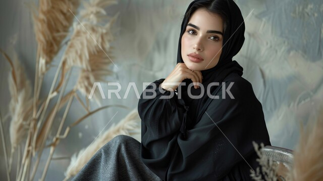 Trying to find a solution to a problem, the concept of femininity and softness, contemplation, focus and planning for the future, the beauty and elegance of Saudi women, a close-up of a veiled Saudi Arabian Gulf woman with her hand on her face looking at the camera with gestures of thinking, contemplation and absent-mindedness