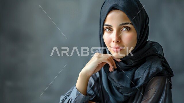 مفهوم الأنوثة والنعومة، التمعن والتركيز والتخطيط للمستقبل، جمال وأناقة النساء السعوديات، محاولة إيجاد حل لمشكلة ما، بورتريه مقرب لإمرأة عربية خليجية سعودية محجبة تضع يدها على وجهها تنظر الى الكاميرا بإيماءات التفكير والتأمل وشرود الذهن، خلفية رمادية