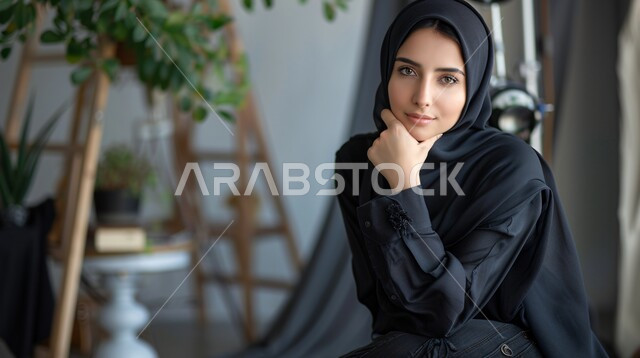 محاولة إيجاد حل لمشكلة ما، مفهوم الأنوثة والنعومة، التمعن والتركيز والتخطيط للمستقبل، جمال وأناقة النساء السعوديات، صورة مقربة لإمرأة عربية خليجية سعودية محجبة تضع يدها على وجهها تنظر الى الكاميرا بإيماءات التفكير والتأمل وشرود الذهن