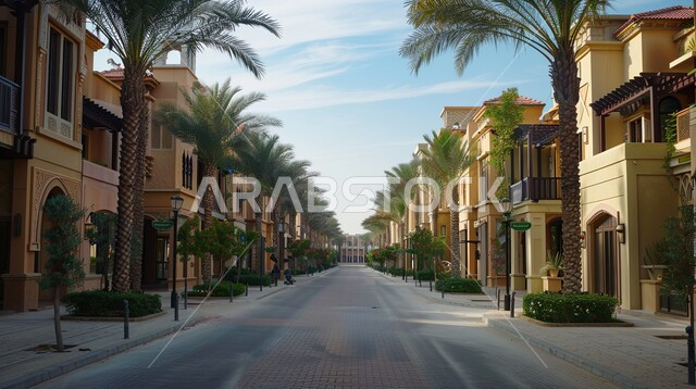 أشجار النخيل الخضراء الممتدة في الطريق, النمو و التطور العمراني, التصميم الحديث للمنازل والبيوت, فلل وشقق سكنية فاخرة، تصميمات وديكورات فخمة، الفن الهندسي المعماري على الطراز الحديث المتميز