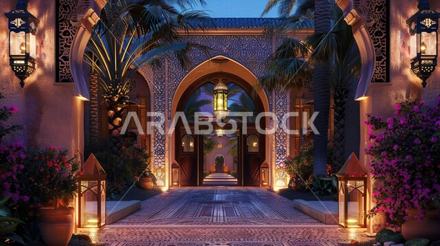 Decorative hanging illuminated metal Arabic lanterns, Arab customs and traditions in holiday and religious occasion decorations, Ramadan atmosphere and Islamic spirituality, traditional decorations and antiques to celebrate the coming of the holy month of Ramadan