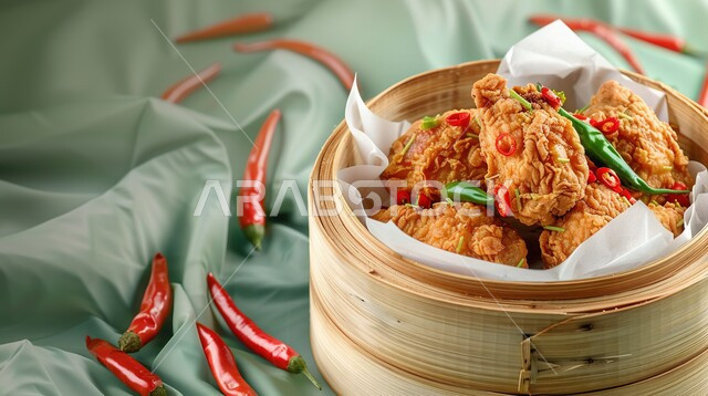 وصفات وأكلات شرقية بنكهات متميزة، فنون التقديم في مطاعم المملكة العربية السعودية،  المأكولات العربية الشهية، قطع دجاج مقلية مقرمشة وساخنة في وعاء بخاري من الخيزران مع الفليفله الحاره, وجبات وأطباق الطعام