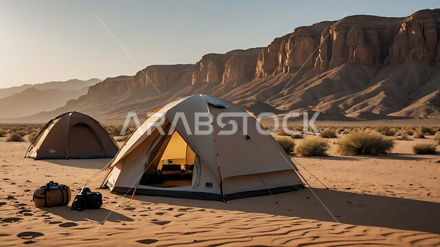 التكوينات والتشكيلات الصخرية والمرتفعات الجبلية، مخيمات سياحية في المناطق البرية، الرمال الذهبية الناعمة، كشتة و جلسة بر شبابية، التخييم في صحاري المملكة العربية السعودية، الأجواء الشتوية الهادئة، الخيام البدوية الشعبية وسط الصحراء