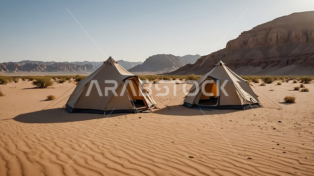 Rock formations and mountain heights, tourist camps in the wilderness, soft golden sand, a youth camp and desert session, camping in the deserts of the Kingdom of Saudi Arabia, calm winter atmosphere, popular Bedouin tents in the middle of the desert