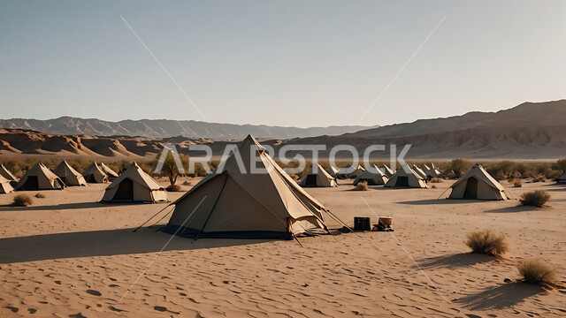 Rock formations and mountain heights, tourist camps in the wilderness, soft golden sand, a youth camp and desert session, camping in the deserts of the Kingdom of Saudi Arabia, calm winter atmosphere, popular Bedouin tents in the middle of the desert