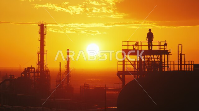 تطور ونمو القطاع الهندسي السعودي، الاشراف على تكرير النفط في مصافي المملكة العربية السعودية،  مهندس شاب عربي خليجي سعودي يتابع سير عمل الأنابيب والمعدات الثقيلة في مصنع انتاج الغاز والبترول وقت غروب الشمس