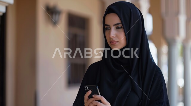 الاهتمام بالمظهر الخارجي والأناقة، مفهوم الأنوثة والنعومة، ملابس محجبات عصرية راقية، صورة مقربة لامرأة عربية خليجية سعودية تستخدم الهاتف المحمول للتواصل مع الاصدقاء والعائلة