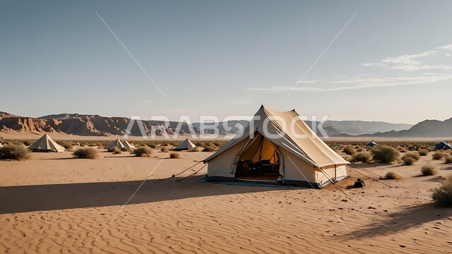 خيمة بدوية شعبية وسط الصحراء، التكوينات والتشكيلات الصخرية والمرتفعات الجبلية، مخيمات سياحية في المناطق البرية، الرمال الذهبية الناعمة، كشتة و جلسة بر شبابية، التخييم في صحاري المملكة العربية السعودية، الأجواء الشتوية الهادئة