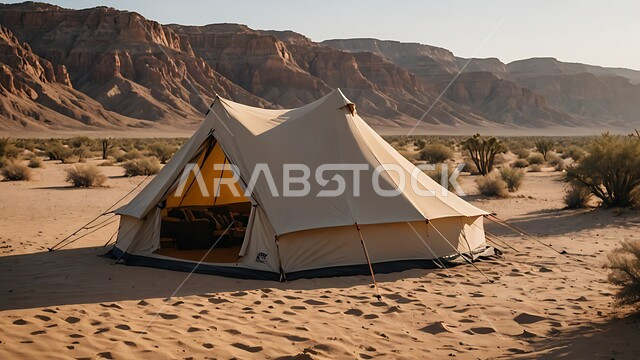 خيمة بدوية شعبية وسط الصحراء، التكوينات والتشكيلات الصخرية والمرتفعات الجبلية، مخيمات سياحية في المناطق البرية، الرمال الذهبية الناعمة، كشتة و جلسة بر شبابية، التخييم في صحاري المملكة العربية السعودية، الأجواء الشتوية الهادئة