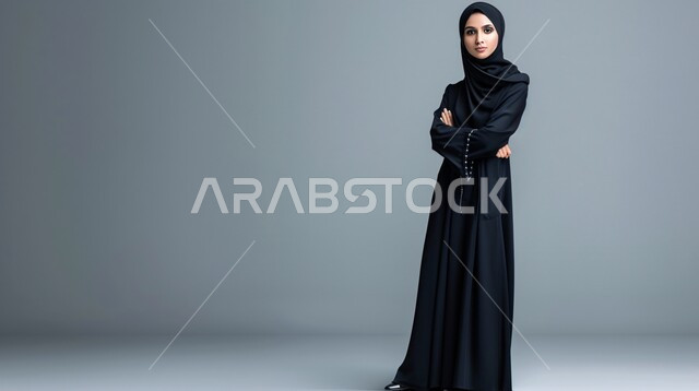 فن تصاميم العباءات العصرية الخليجية المميزة, موديلات أزياء للمحجبات, أناقة النساء السعوديات, بورتريه من الجانب لعارضة أزياء عربية خليجية سعودية ترتدي العباءة والحجاب تنظر إلى شيء ما, مفهوم الشياكة والاهتمام بالموضة, صورة الجسم بالطول الكامل، خلفية رمادية