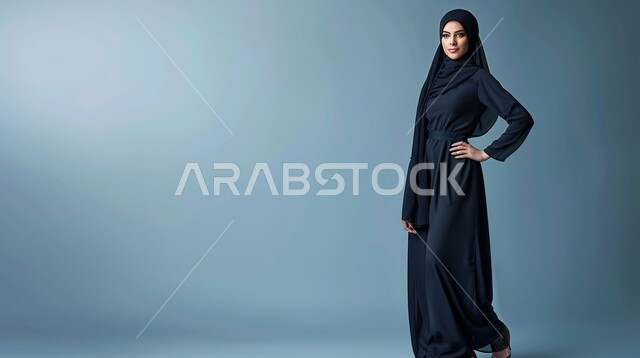 فن تصاميم العباءات العصرية الخليجية المميزة, موديلات أزياء للمحجبات, أناقة النساء السعوديات, بورتريه من الجانب لعارضة أزياء عربية خليجية سعودية ترتدي العباءة والحجاب تنظر إلى شيء ما, مفهوم الشياكة والاهتمام بالموضة, صورة الجسم بالطول الكامل، خلفية رمادية