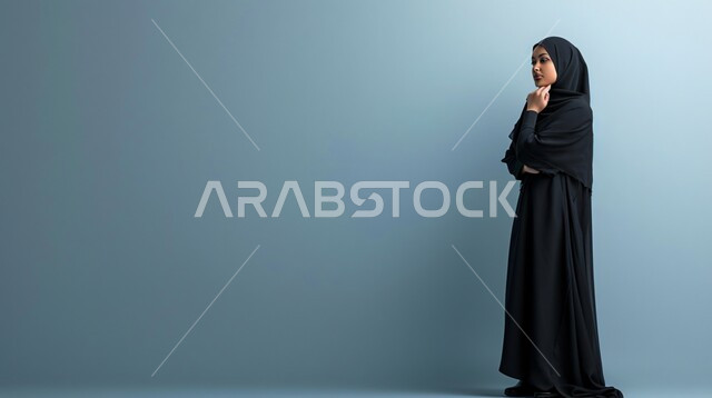 فن تصاميم العباءات العصرية الخليجية المميزة, موديلات أزياء للمحجبات, أناقة النساء السعوديات, بورتريه من الجانب لعارضة أزياء عربية خليجية سعودية ترتدي العباءة والحجاب تنظر إلى شيء ما, مفهوم الشياكة والاهتمام بالموضة, صورة الجسم بالطول الكامل، خلفية رمادية