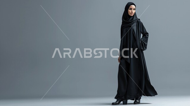 فن تصاميم العباءات العصرية الخليجية المميزة, موديلات أزياء للمحجبات, أناقة النساء السعوديات, بورتريه من الجانب لعارضة أزياء عربية خليجية سعودية ترتدي العباءة والحجاب تنظر إلى شيء ما, مفهوم الشياكة والاهتمام بالموضة, صورة الجسم بالطول الكامل، خلفية رمادية