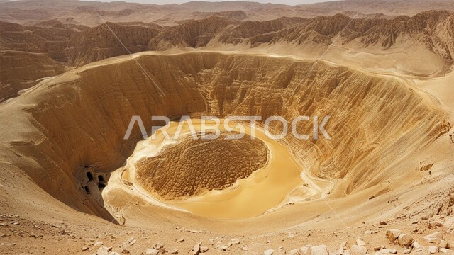 Natural gold mines, areas for prospecting for raw underground resources, rocky nature and terrain of mountain ranges, highlands and mountain peaks in the Kingdom of Saudi Arabia, drilling and working at the mining site, transporting soil by trucks