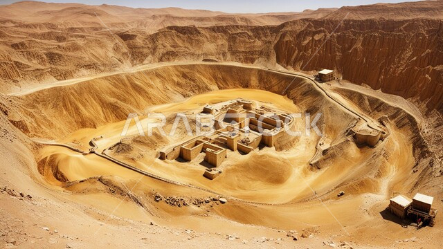 Natural gold mines, areas for prospecting for raw underground resources, rocky nature and terrain of mountain ranges, highlands and mountain peaks in the Kingdom of Saudi Arabia, drilling and working at the mining site, transporting soil by trucks