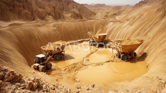 مناجم الذهب الطبيعي، مناطق التنقيب عن الثروات الباطنية الخام، الطبيعة الصخرية وتضاريس السلاسل الجبلية، المرتفعات وقمم الجبال في المملكة العربية السعودية، الحفر والعمل في موقع التعدين، نقل الأتربة بواسطة الشاحنات