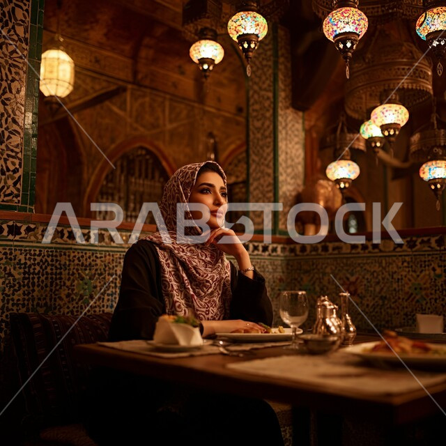 قضاء أوقات ممتعة في المطعم, مطاعم و كافيهات المملكة العربية السعودية, امرأة عربية خليجية سعودية مبتسمة محجبة ترتدي العباءة السوداء تجلس على المائدة و تضع يدها على ذقنها بتعابير التفكير و التأمل