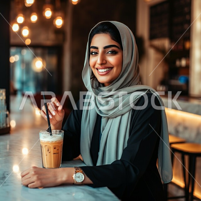 الاستمتاع بالمشروبات الباردة, قضاء أوقات ممتعة في المطعم, مطاعم و كافيهات المملكة العربية السعودية, شابة عربية خليجية سعودية مبتسمة محجبة ترتدي العباءة السوداء تجلس على الطاولة  و تنظر إلى الكاميرا بإيماءات السعادة و السرور