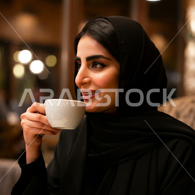 الاستمتاع بالمشروبات الساخنة, قضاء أوقات ممتعة في المطعم, مطاعم و كافيهات المملكة العربية السعودية, صورة مقربة شابة عربية خليجية سعودية مبتسمة محجبة ترتدي العباءة السوداء تجلس على الطاولة و تحمل بيدها كوب القهوة