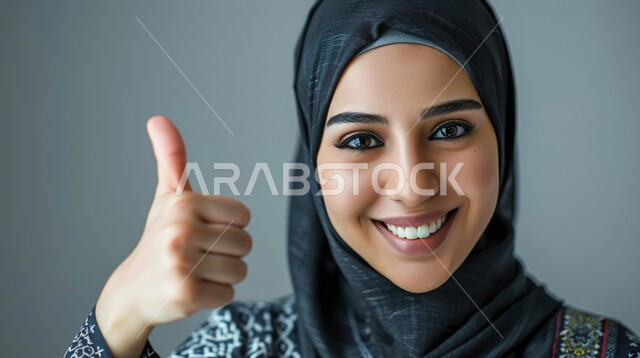 علامة الجودة و الامتياز، النظر الى الكاميرا بتعابير السرور والسعادة, مفهوم الإعجاب والرضا، بورتريه مقرب لامراة عربية خليجية سعودية مبتسمة ترتدي الحجاب ترفع اصبع الابهام للاعلى بإيماءات القبول و الموافقة، خلفية رمادية