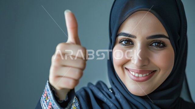 علامة الجودة و الامتياز، النظر الى الكاميرا بتعابير السرور والسعادة, مفهوم الإعجاب والرضا، بورتريه مقرب لامراة عربية خليجية سعودية مبتسمة ترتدي الحجاب ترفع اصبع الابهام للاعلى بإيماءات القبول و الموافقة، خلفية رمادية