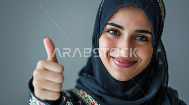 علامة الجودة و الامتياز، النظر الى الكاميرا بتعابير السرور والسعادة, مفهوم الإعجاب والرضا، بورتريه مقرب لامراة عربية خليجية سعودية مبتسمة ترتدي الحجاب ترفع اصبع الابهام للاعلى بإيماءات القبول و الموافقة، خلفية رمادية