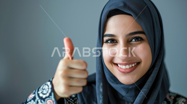 مفهوم الإعجاب والرضا، علامة الجودة و الامتياز، النظر الى الكاميرا بتعابير السرور والسعادة, بورتريه مقرب لامراة عربية خليجية سعودية مبتسمة ترتدي الحجاب ترفع اصبع الابهام للاعلى بإيماءات القبول و الموافقة، خلفية رمادية