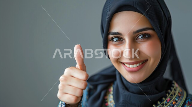 مفهوم الإعجاب والرضا، علامة الجودة و الامتياز، النظر الى الكاميرا بتعابير السرور والسعادة, بورتريه مقرب لامراة عربية خليجية سعودية مبتسمة ترتدي الحجاب ترفع اصبع الابهام للاعلى بإيماءات القبول و الموافقة، خلفية رمادية