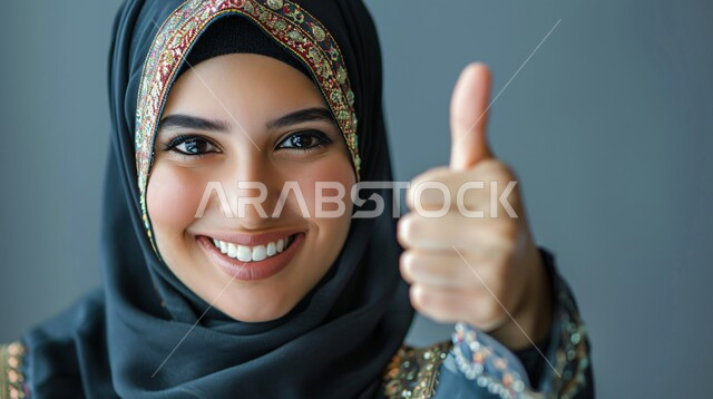 مفهوم الإعجاب والرضا، علامة الجودة و الامتياز، النظر الى الكاميرا بتعابير السرور والسعادة, بورتريه مقرب لامراة عربية خليجية سعودية مبتسمة ترتدي الحجاب ترفع اصبع الابهام للاعلى بإيماءات القبول و الموافقة، خلفية رمادية